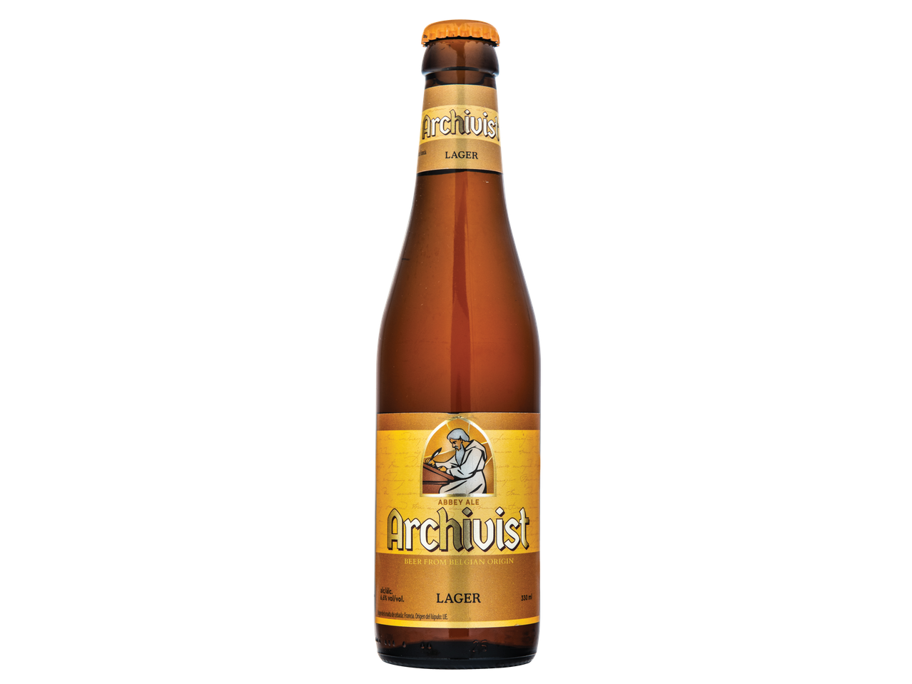 Uma garrafa de cerveja Archivist Abbey Ale Lager, 330ml, 6,6% vol/vol, de origem belga.