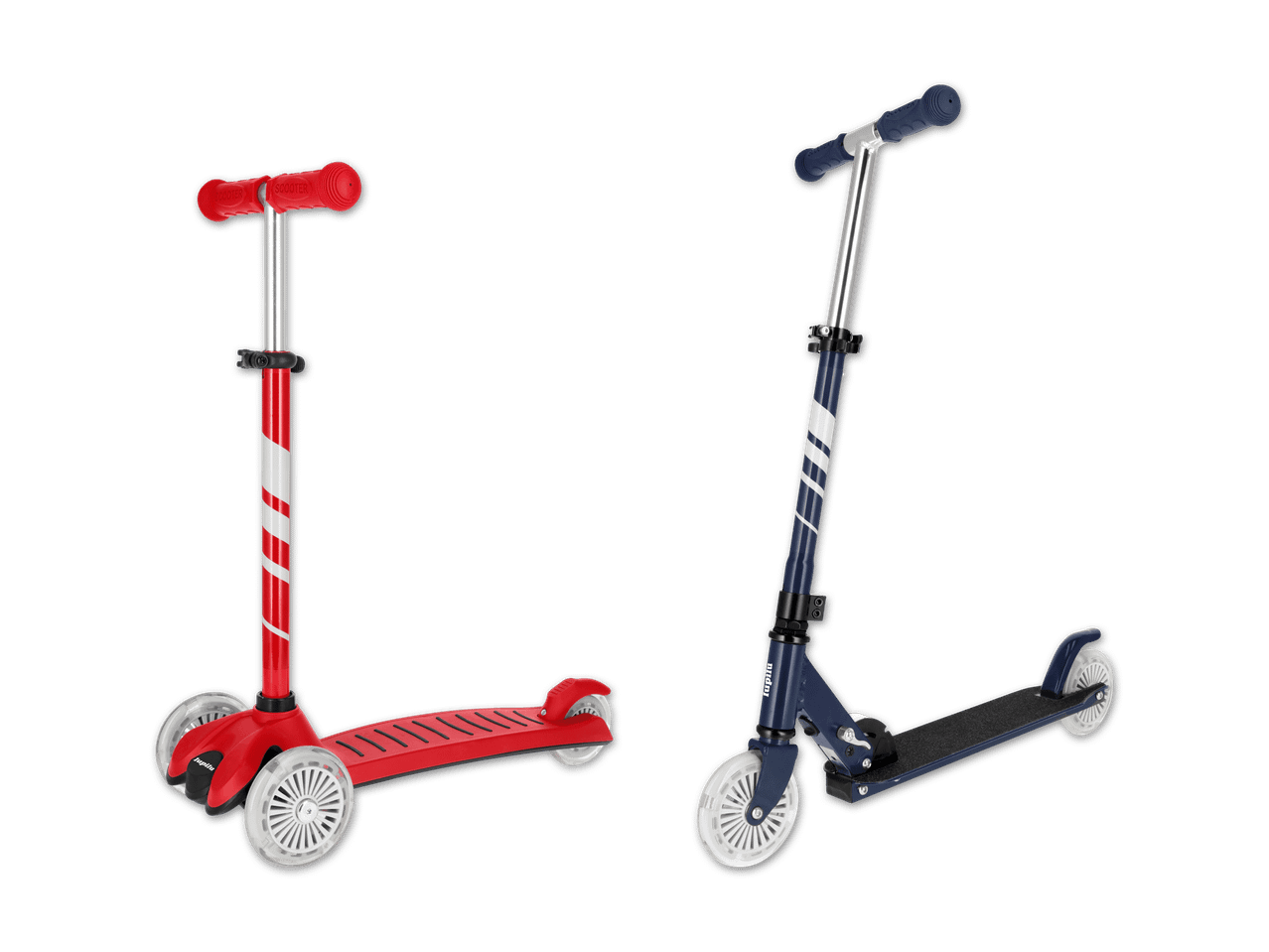 Zwei Roller: ein roter Dreirad-Roller und ein blauer Zweirad-Roller.