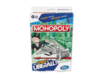 Monopoly-Spielbox mit Mr. Monopoly, Spielfiguren und Stadtkulisse.