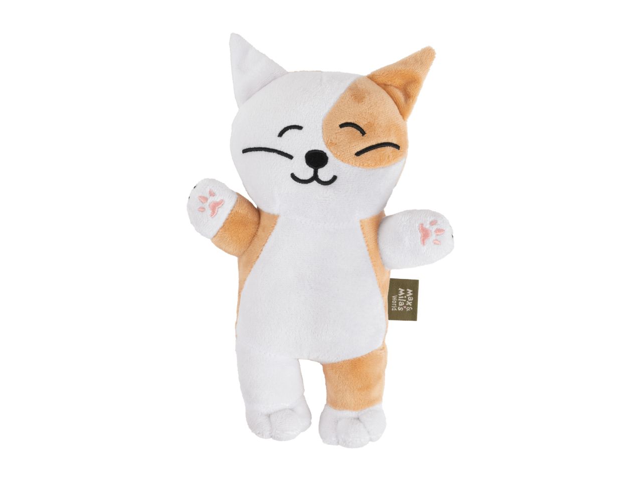 Plush cat toy with orange and white patches, closed eyes and a friendly smile.