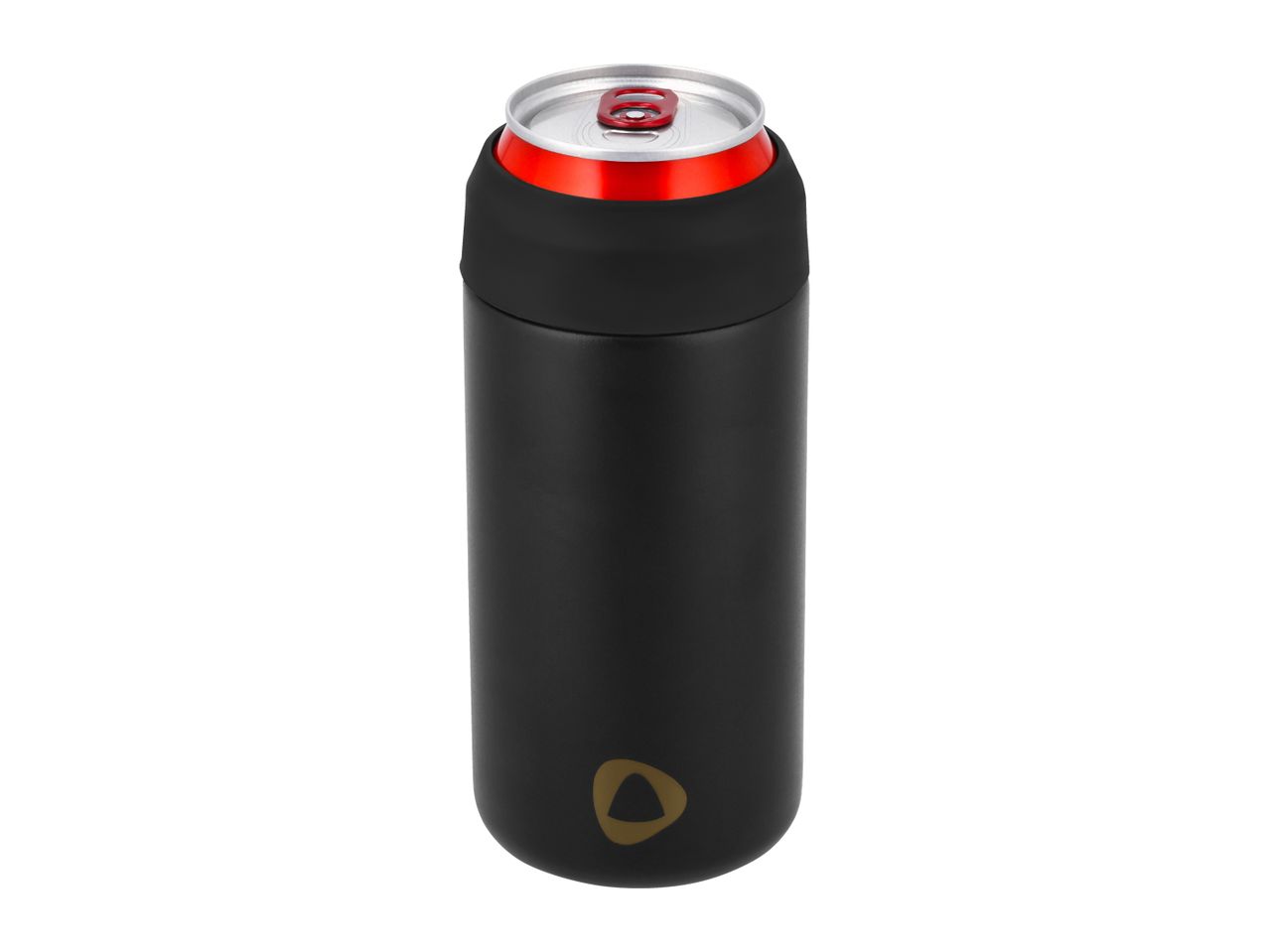 Black insulated can cooler with a red beverage can inside, isolated on white.