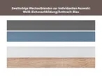Drei Farboptionen für Möbel: Dunkelgrau, Blaugrau und Hellbeige mit Holzoptik.