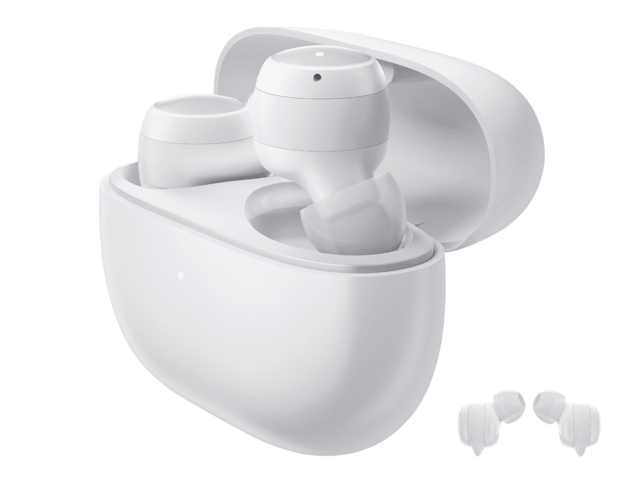 Valkoiset langattomat nappikuulokkeet latauskotelossa ja kaksi irtonaista nappikuuloketta.