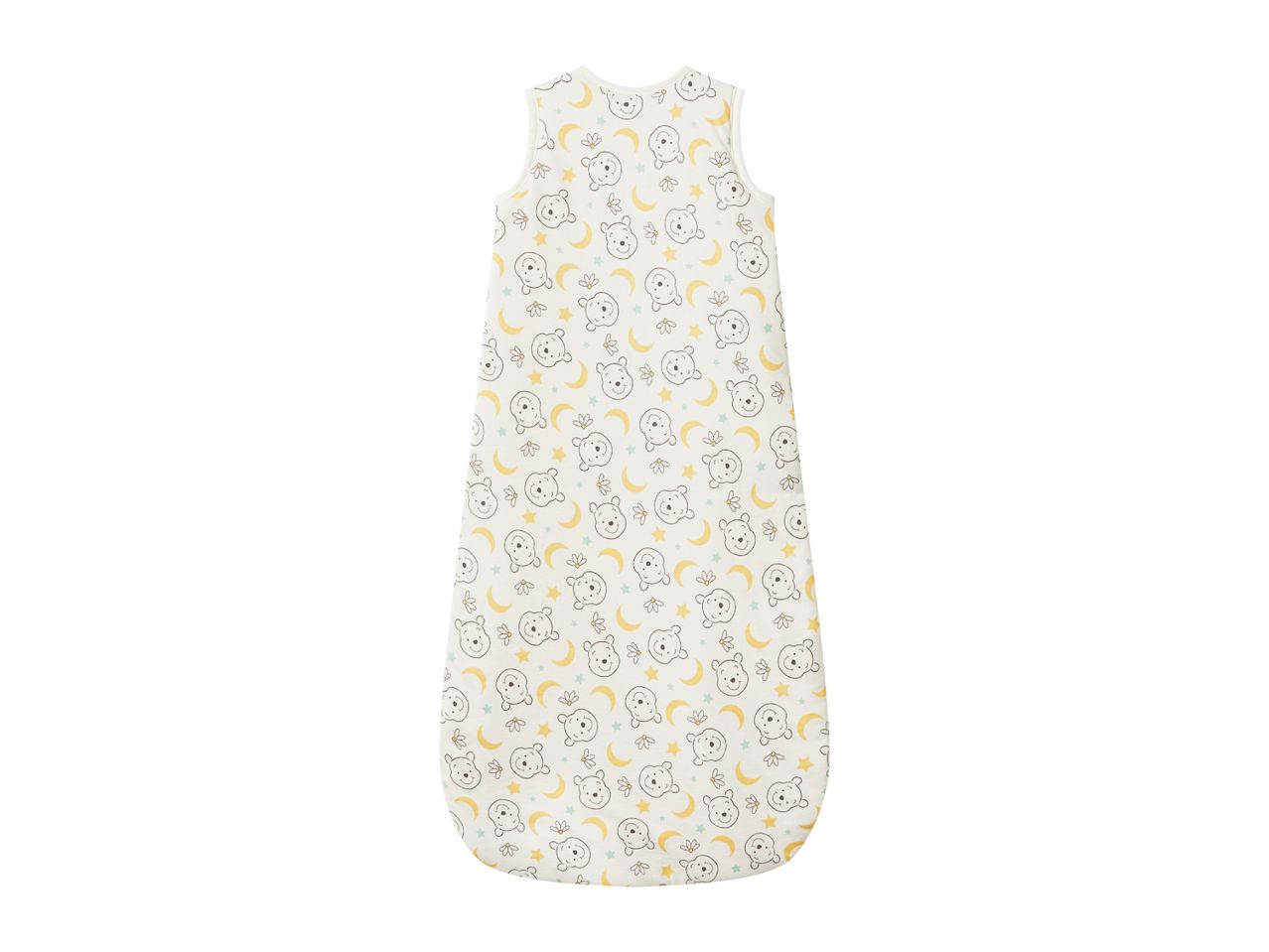 Baby sleeping bag with a pattern of bear faces, moons, and stars.