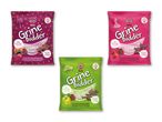 Tre pakker frugt- og grøntsagsbaserede snacks til børn, med forskellige smagsvarianter og former.