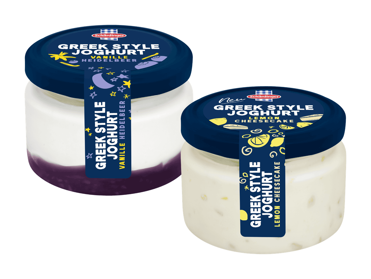 Zwei Gläser Schärdinger Joghurt: Vanille-Heidelbeere und Zitronen-Cheesecake.