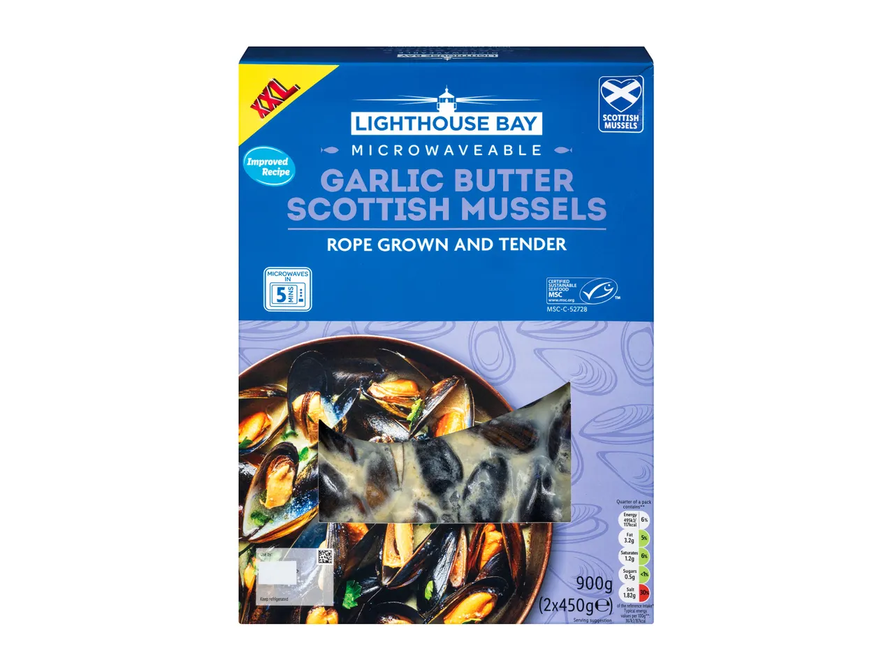 Lighthouse Bay microwaveable garlic butter Scottish mussels.
