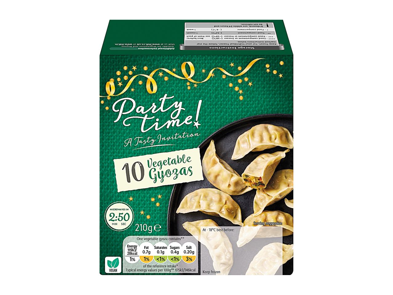 A box of Party Time Vegetable Gyozas, 10 pieces, 210g, with microwave instructions and nutritional information.