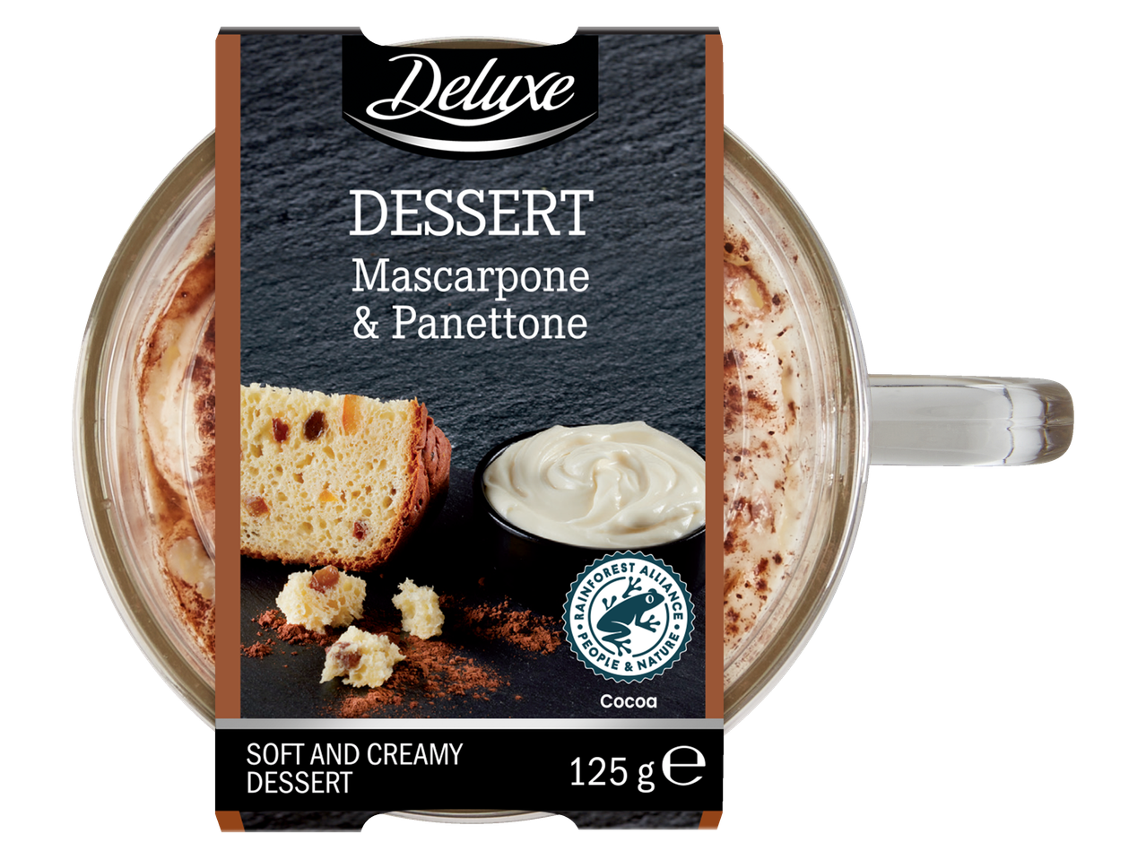 Deluxe maskarponės ir panetonės desertas stiklinėje su etikete.