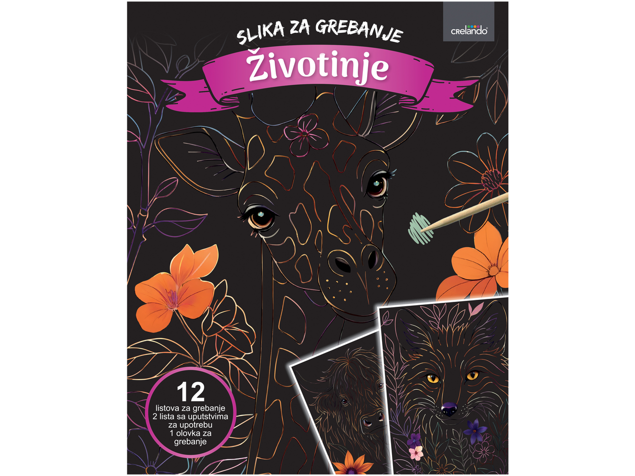 Set za grebanje sa životinjama, 12 listova, 2 lista sa uputstvima i olovka.