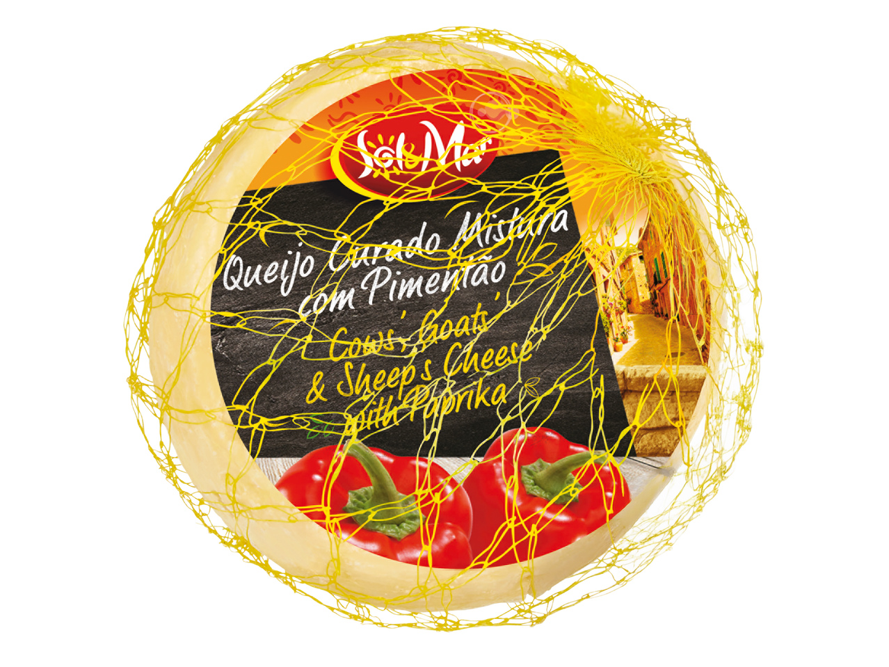 Ronde kaas met paprika, verpakt in een geel netje, met tekst over gemengde kaas.