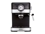 Black and silver espresso machine with a temperature gauge and steam wand.