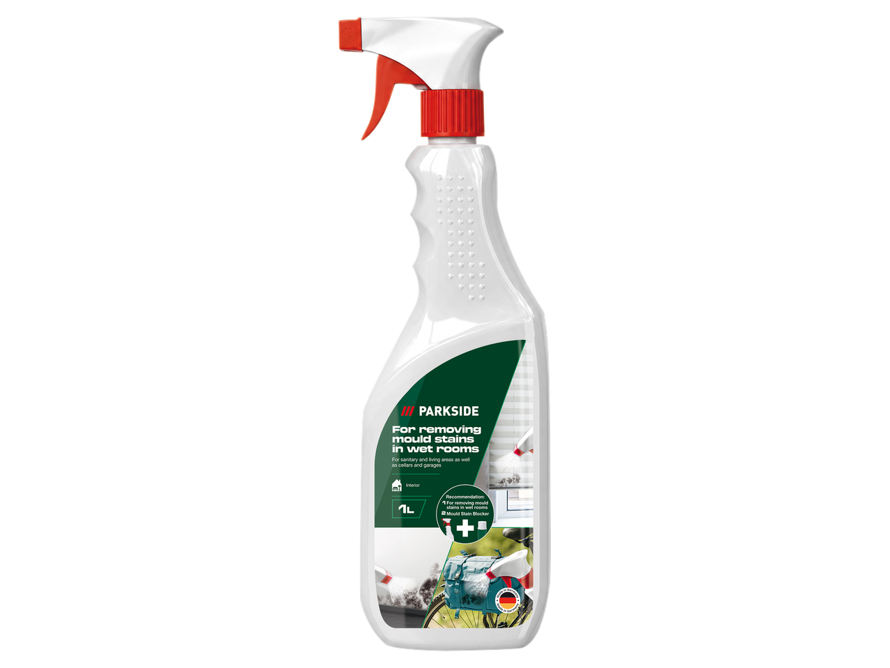 Penészfolt-eltávolító spray nedves helyiségekbe, 1 literes kiszerelésben.