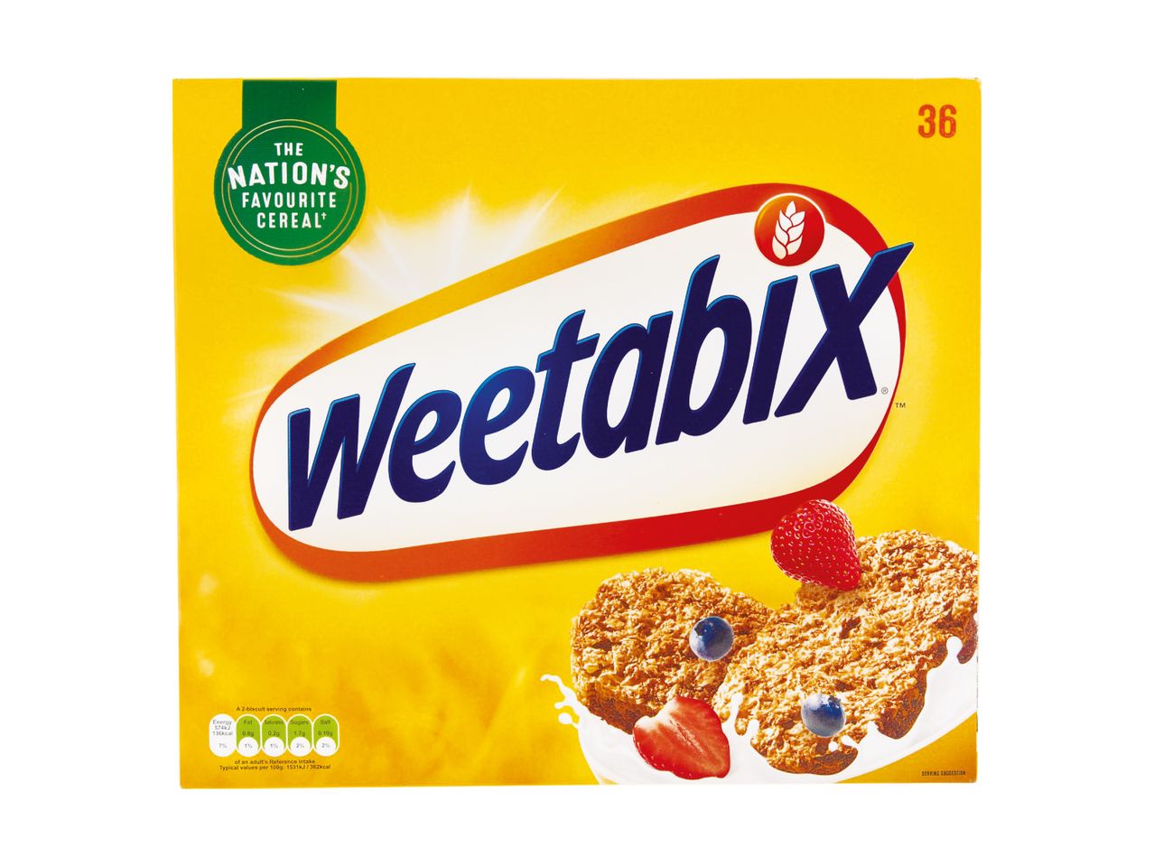Weetabix cereal box with biscuits, berries, and milk