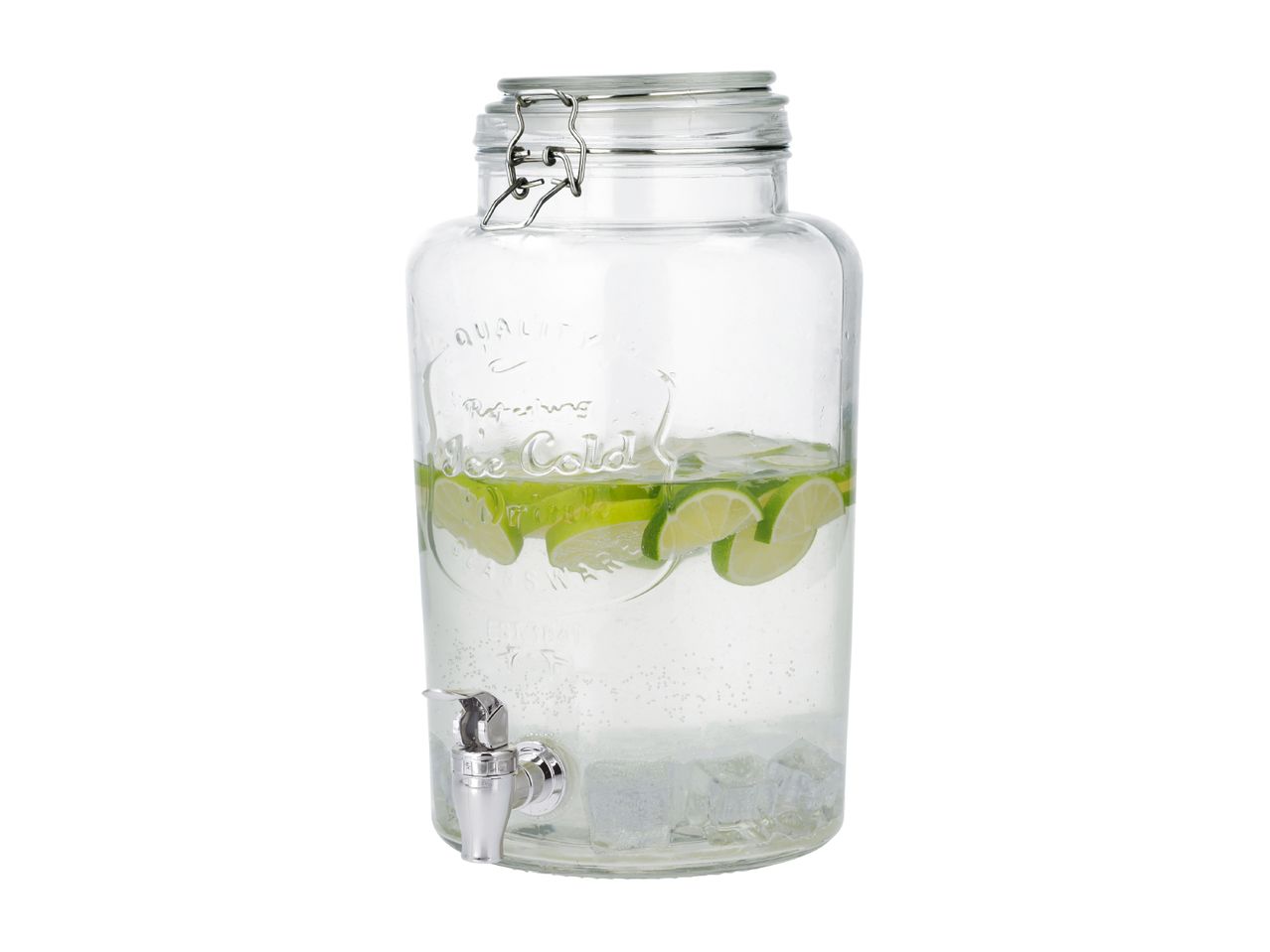 Glass beverage dispenser with metal clip lid, filled with water, lime slices, and ice cubes.