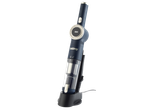 Cordless handheld vacuum cleaner in blue and silver, charging on a black base.