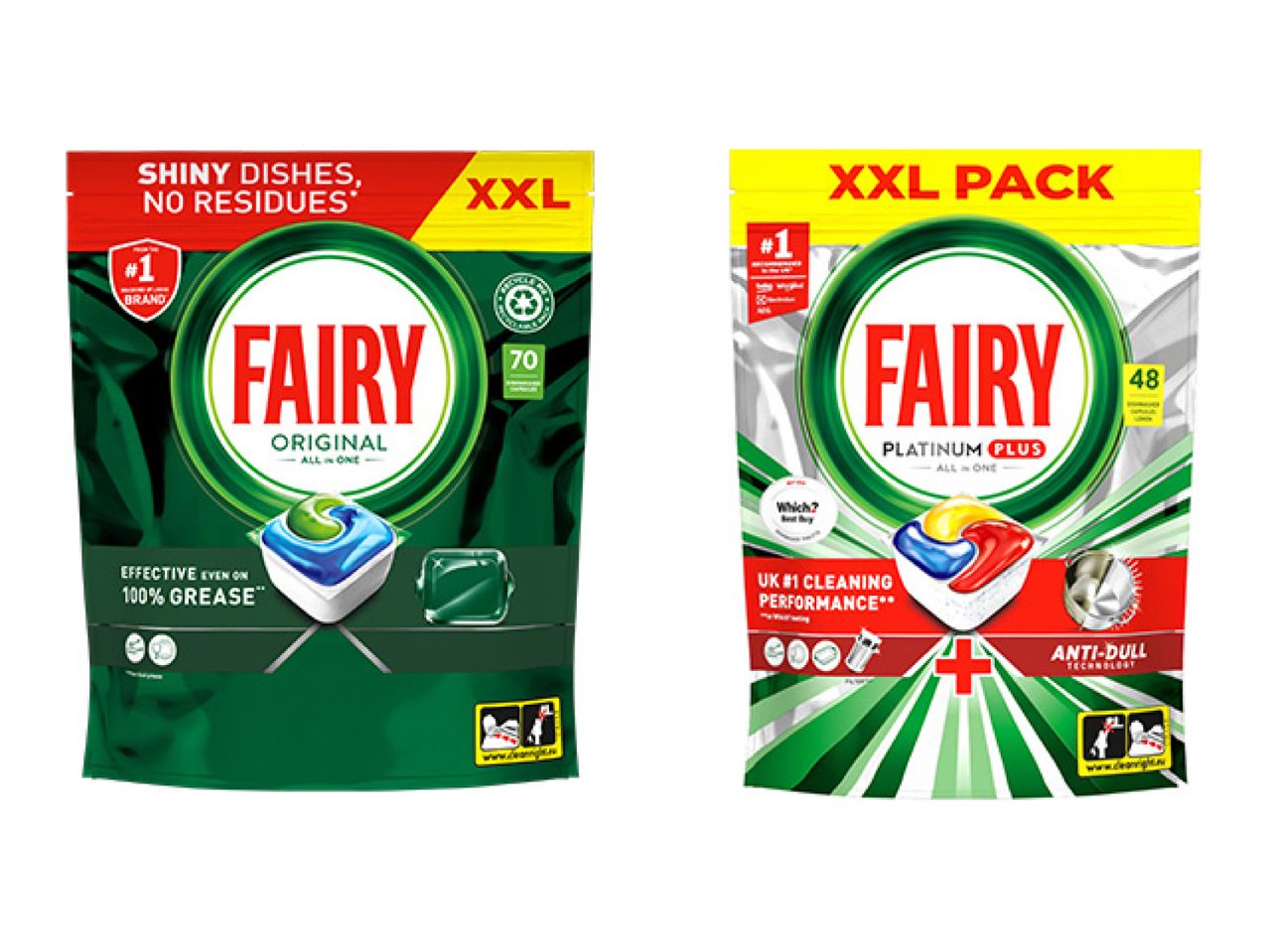 Fairy Original and Fairy Platinum Plus dishwasher tablets in XXL packs.