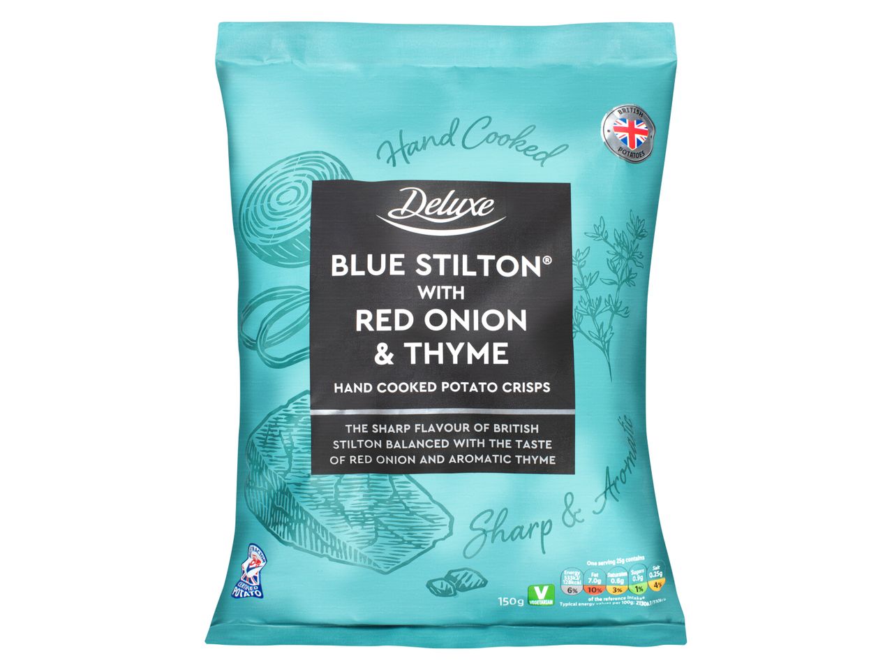 A bag of hand-cooked potato crisps with blue stilton, red onion, and thyme flavor.