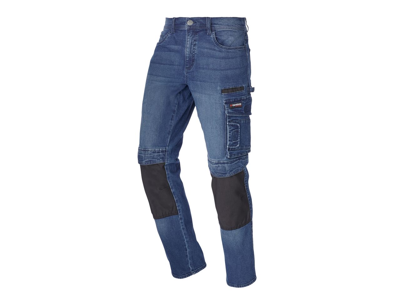 Jeans da lavoro blu con tasche cargo e rinforzi sulle ginocchia.
