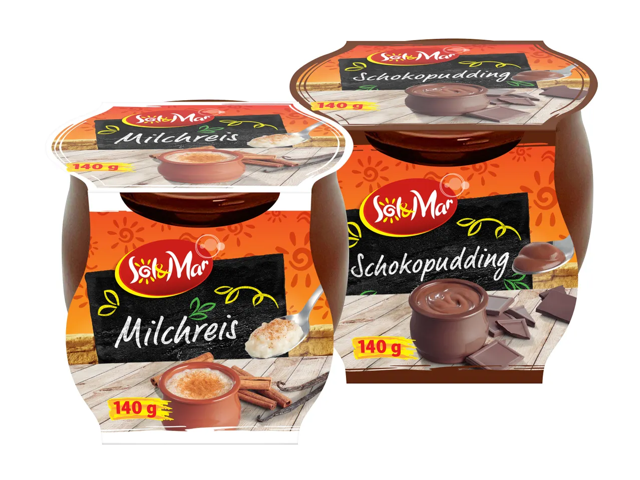 Zwei Sorten So&Mar Desserts: Schokopudding und Milchreis, jeweils 140g.