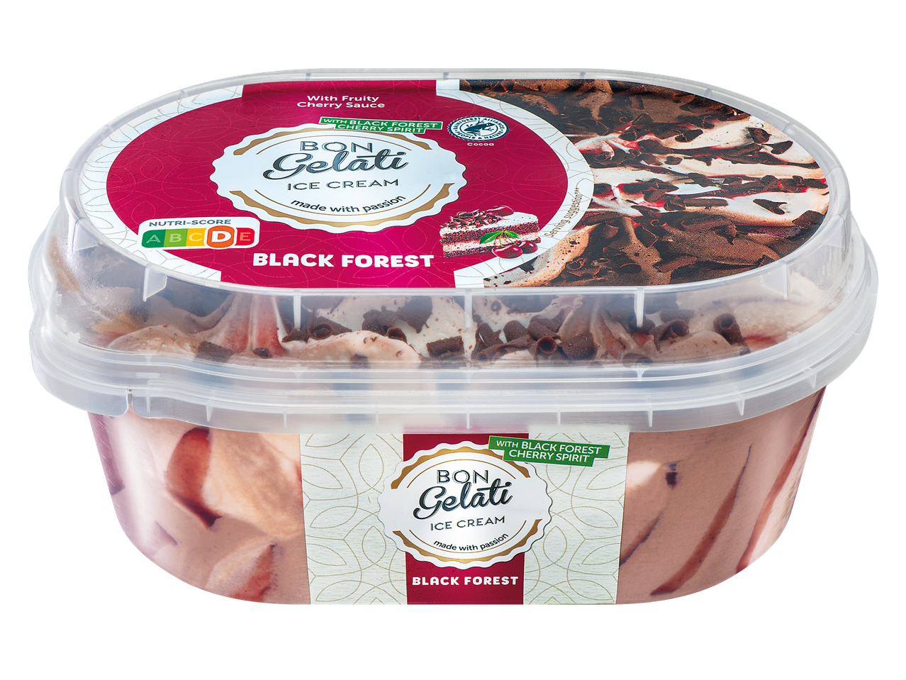Кутия сладолед с вкус на черна гора, черешов сос и шоколадови стърготини, с надпис „Направено със страст“.
