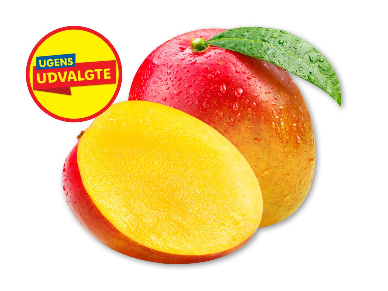 Saftige mangoer med en tekst der siger 'Ugens Udvalgte'.