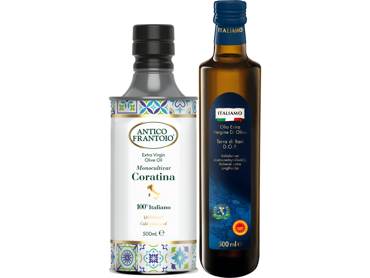 Två flaskor olivolja, en märkt 'ANTICO FRANTOIO Coratina' och den andra 'ITALIAMO Olio Extra Vergine Di Oliva'.