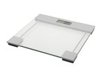 A clear glass digital bathroom scale with a grey display showing '0.0 kg'.