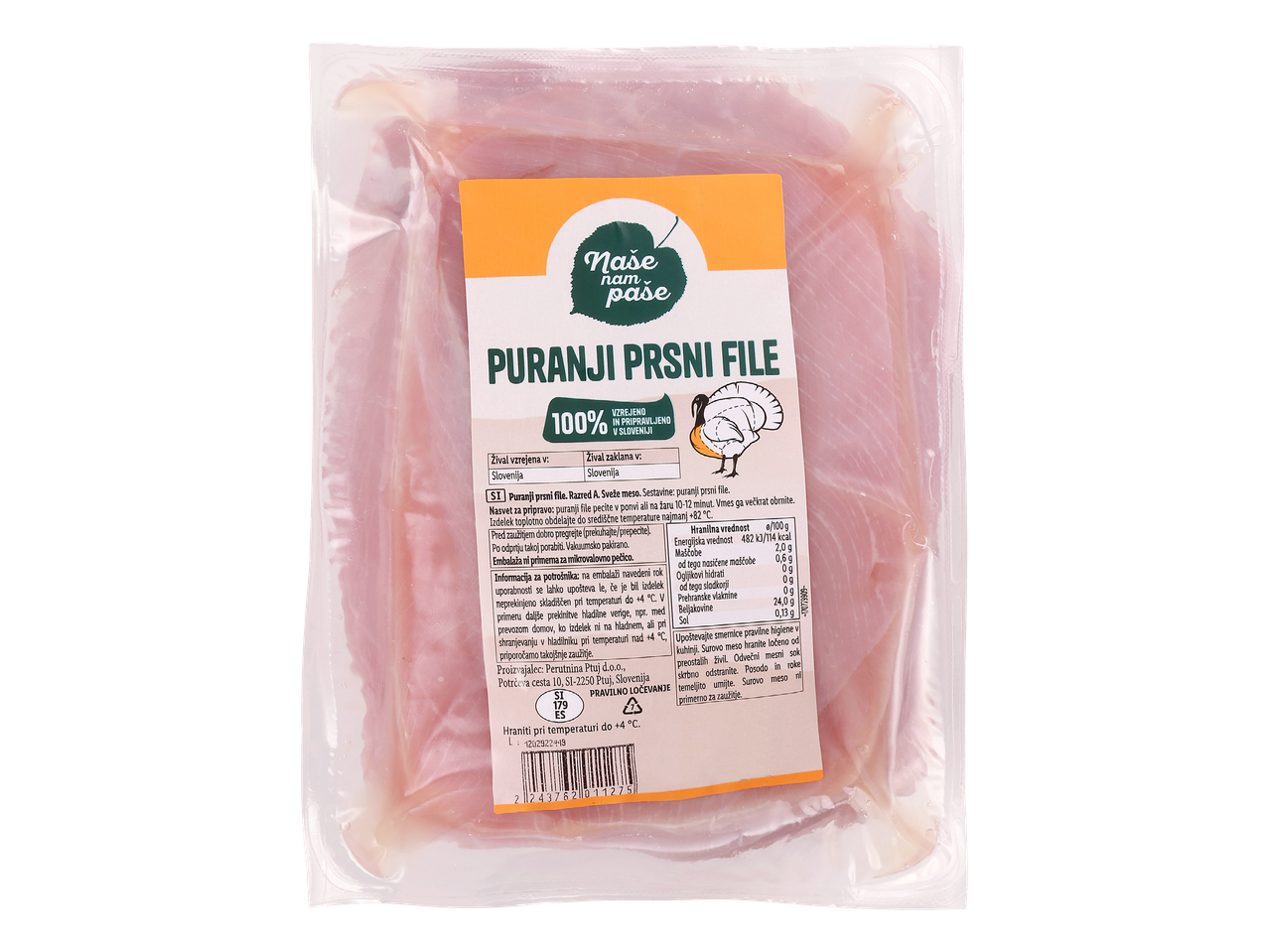 Pakirano puranje prsno meso z etiketo, ki prikazuje informacije o izdelku in hranilni vrednosti.