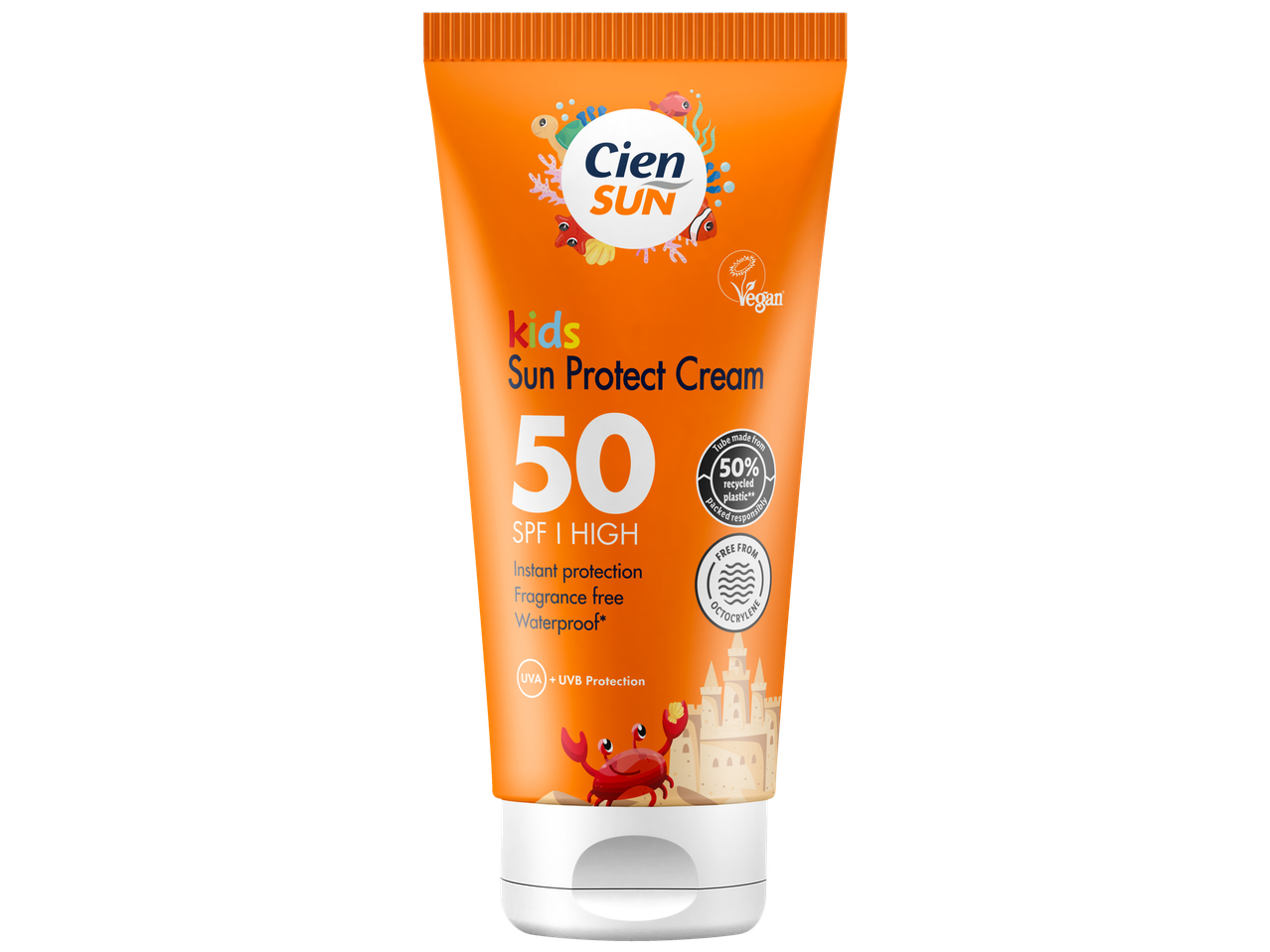 Cien Sun Kids krema za sunčanje SPF 50: veganska, vodootporna, bez mirisa.