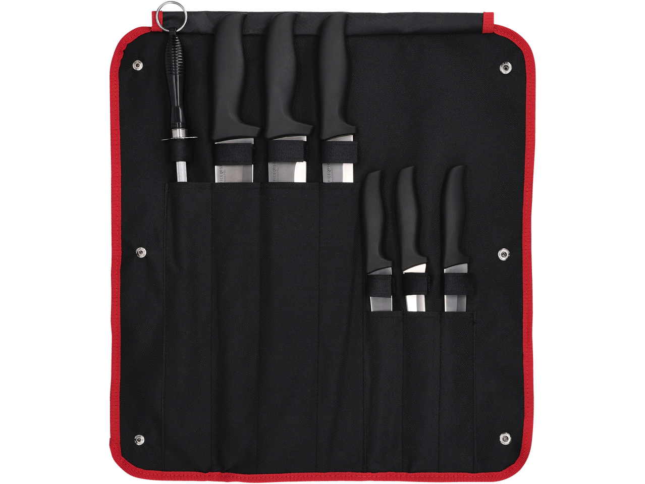 Conjunto de facas de açougueiro SILVERCREST® em estojo preto com acabamento vermelho.