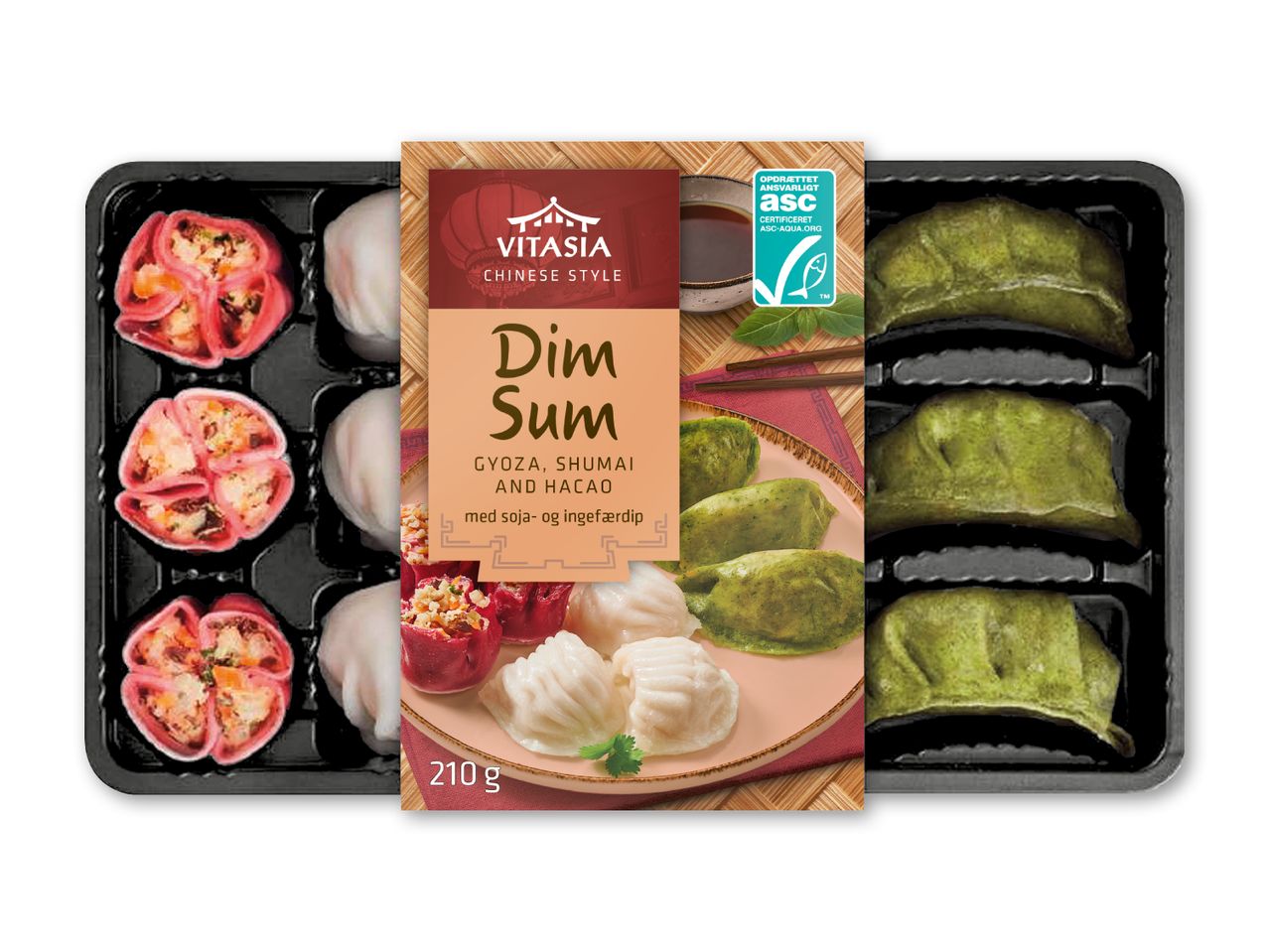Dim Sum-pakke med gyoza, shumai og hacao, med soja- og ingefærdip, 210g.