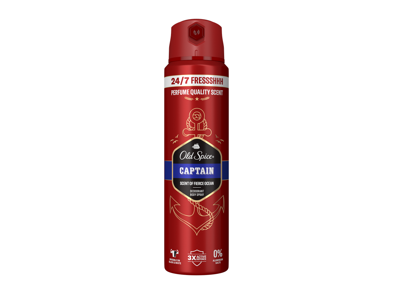 Deodorant spray roșu cu parfum de calitate, 24/7 prospețime, invizibil pe negru și alb.