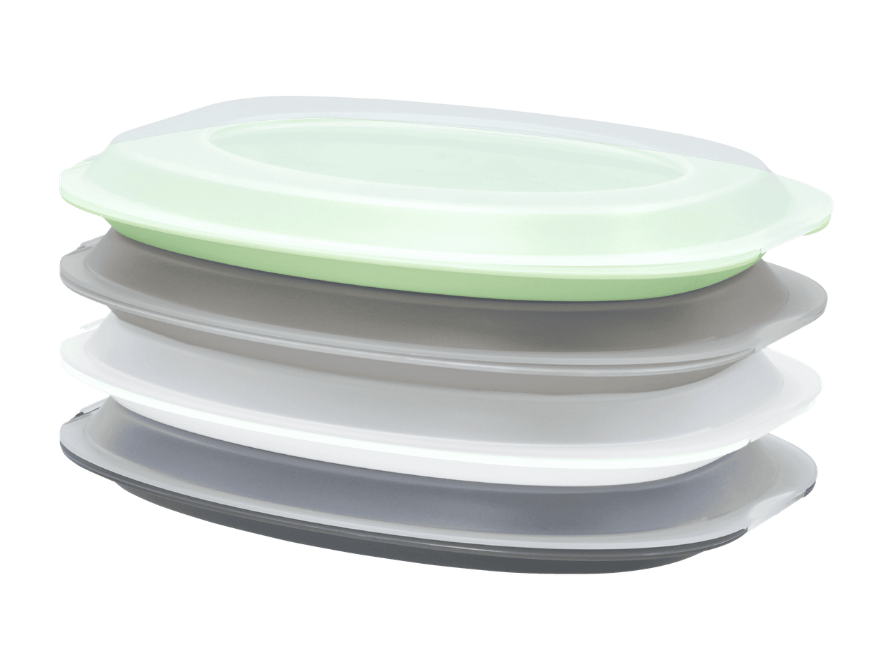 Pile de quatre boîtes alimentaires pliables en vert, gris, blanc et gris foncé.