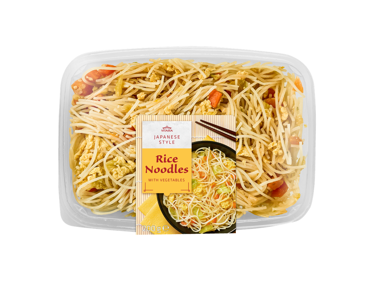 Vitasia Japanese Style Rice Noodles with vegetables in a clear plastic container.