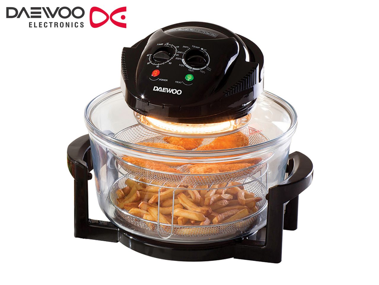 Daewoo air fryer with chicken nuggets and fries inside