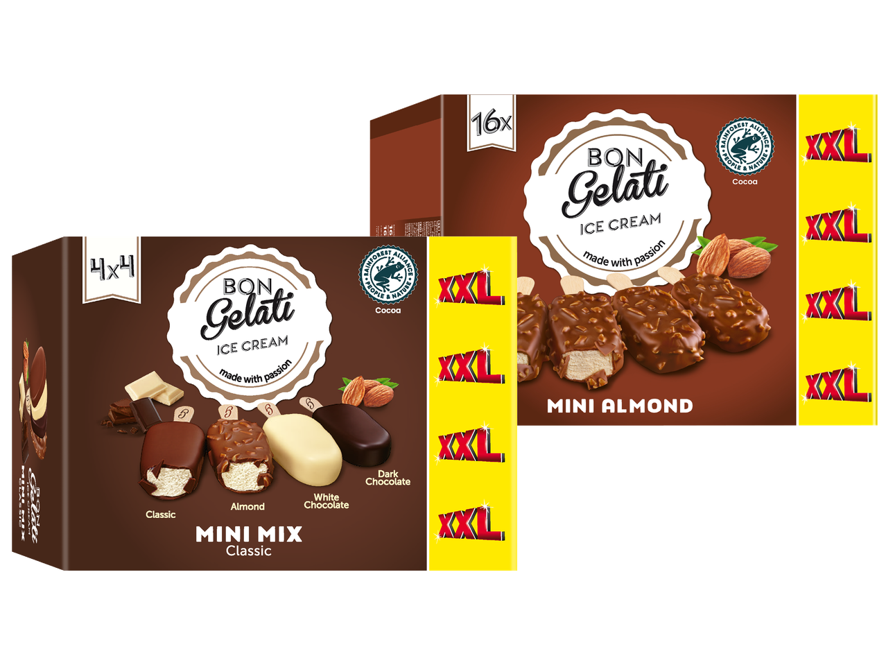 Bon Gelati glasspinnar i smakerna mini almond och mini mix.