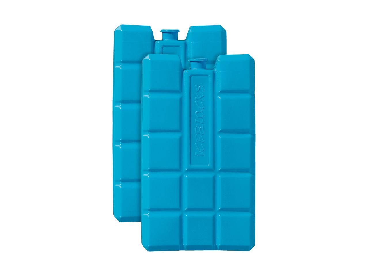 Two blue rectangular ice packs with a grid pattern and text on one of them.