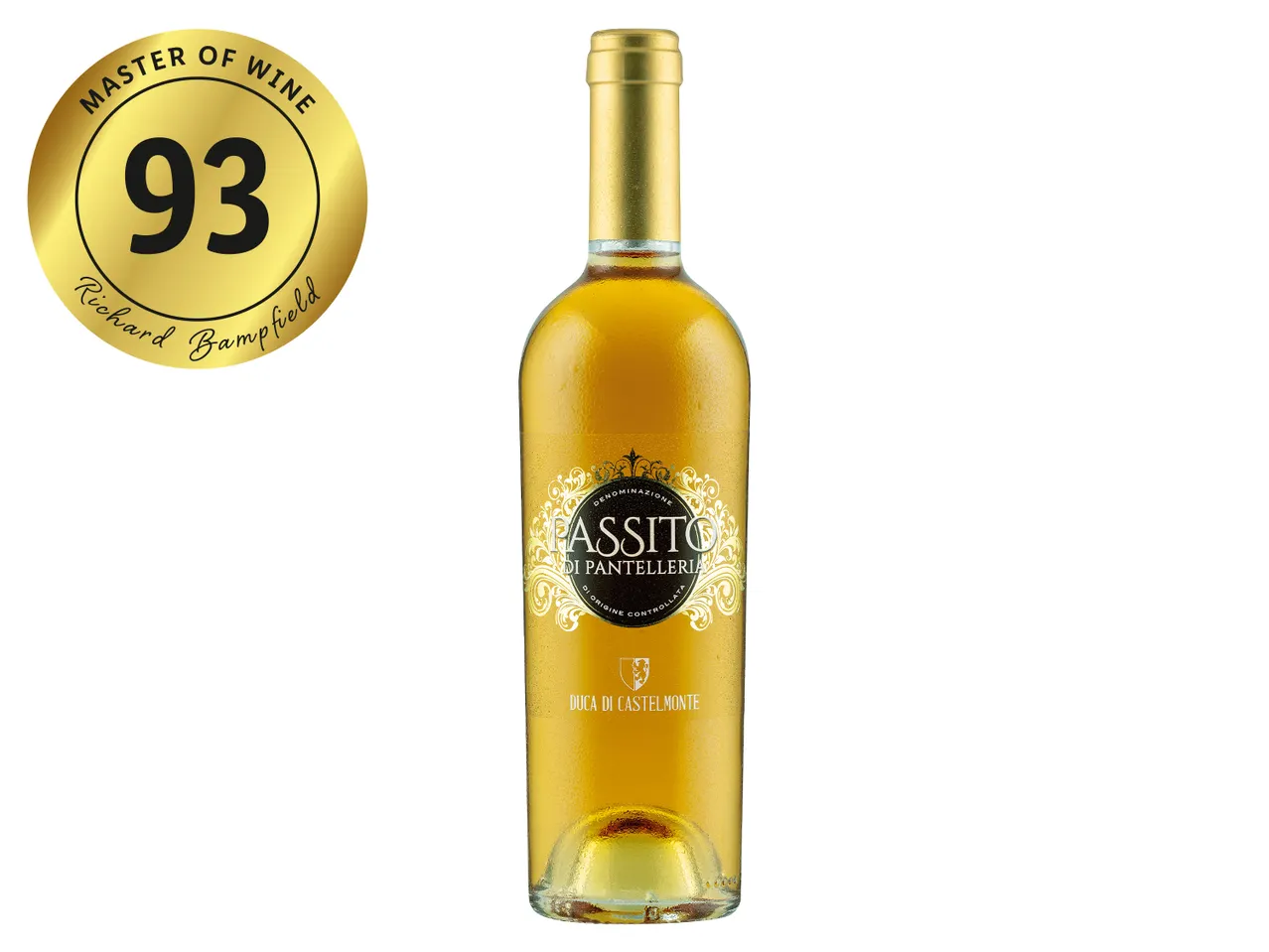 A bottle of Duca di Castelmonte Passito di Pantelleria wine with a gold Master of Wine 93-point rating.