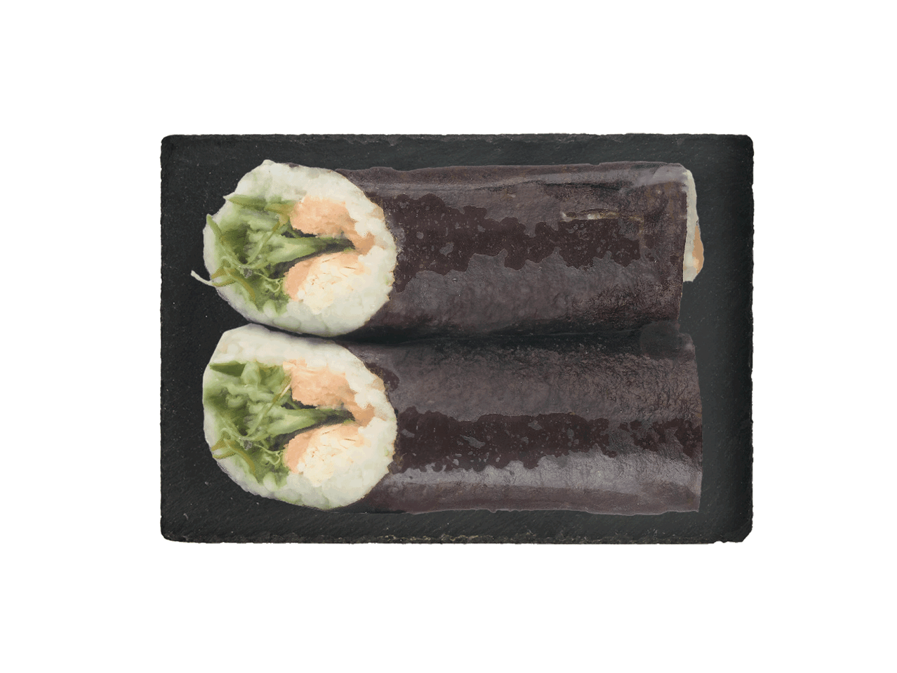 Du suši su lašiša ir agurkais, patiekti ant juodos lėkštės.