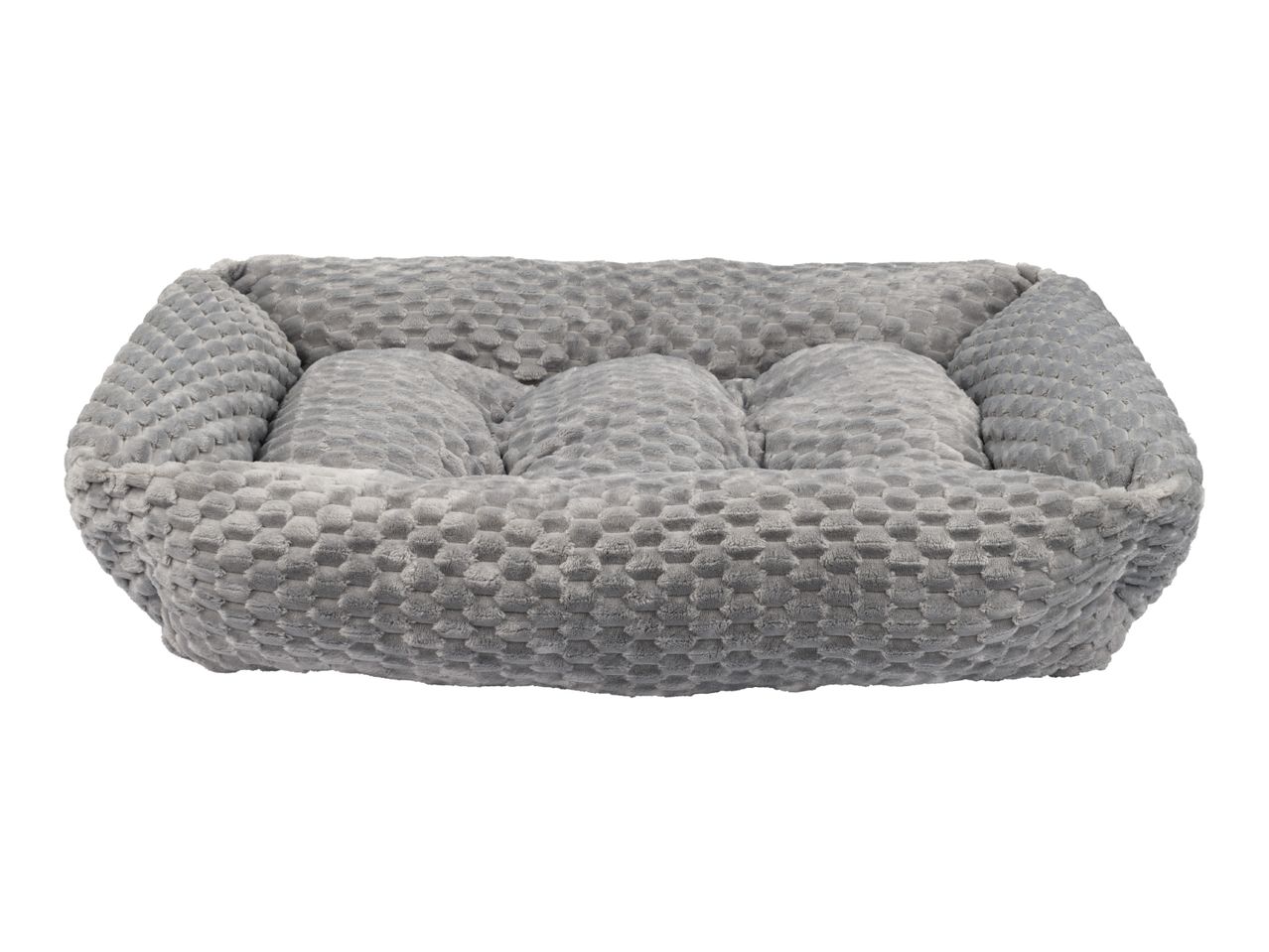 Grey plush rectangular dog bed with textured fabric