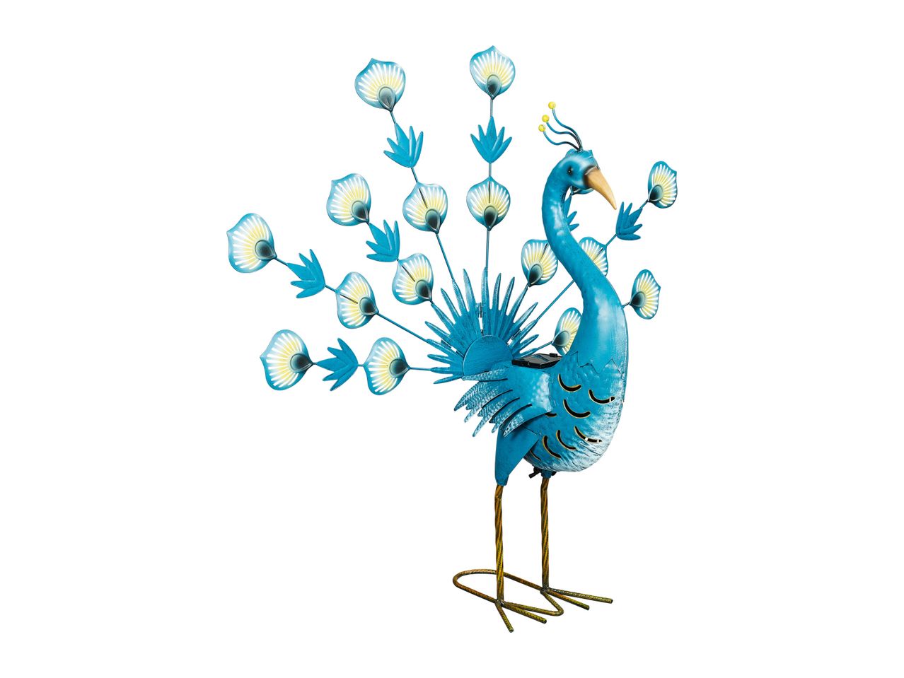 Blue metal peacock solar garden light.
