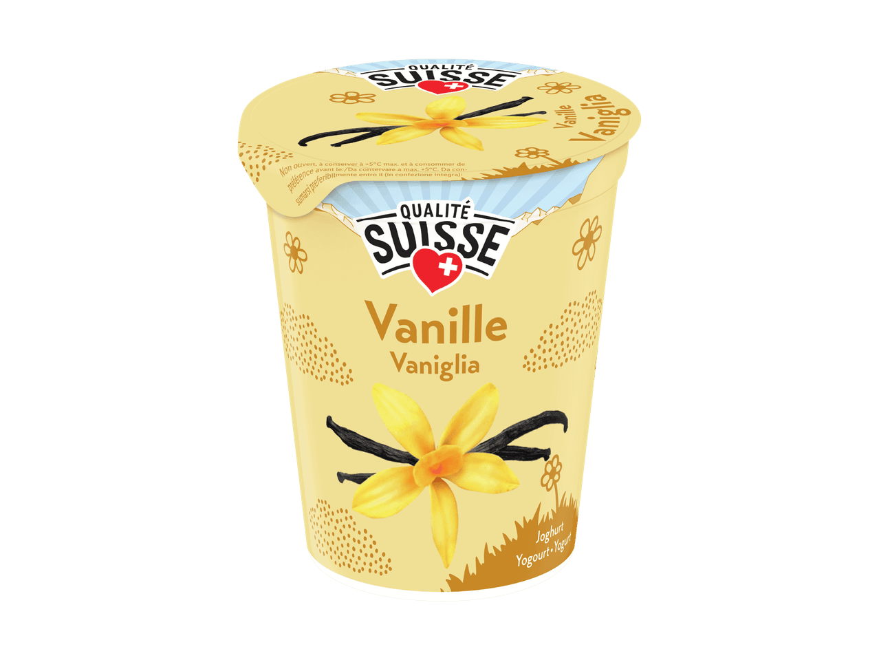 Pot de yaourt à la vanille avec l'inscription 'Qualité Suisse' et des gousses de vanille.