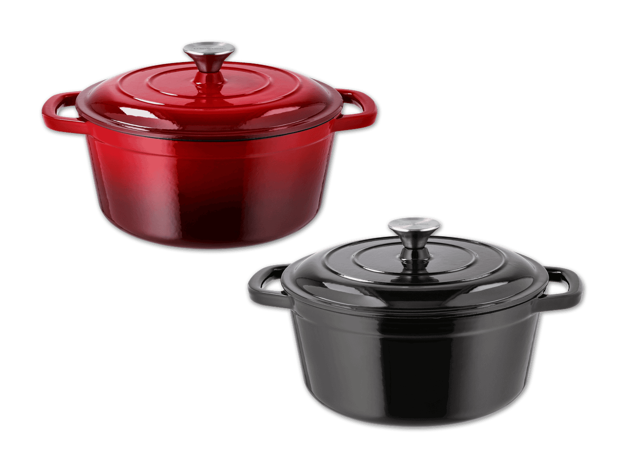 Rote und schwarze gusseiserne Töpfe mit Deckel