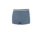 Boxers azuis com cós elástico preto e uma risca branca.
