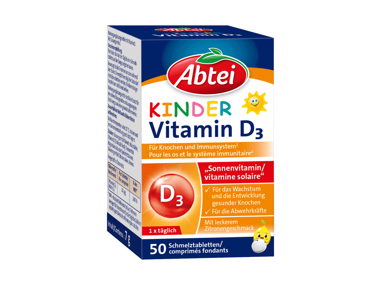 Packung Abtei Kinder Vitamin D3 für Knochen und Immunsystem, mit Zitronengeschmack.