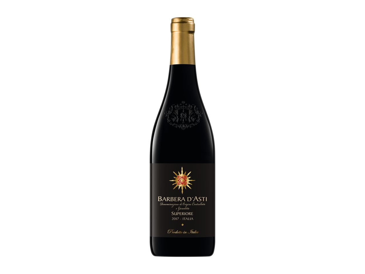 Barbera d'Asti Superiore 2017 Italian red wine bottle with a gold foil top.