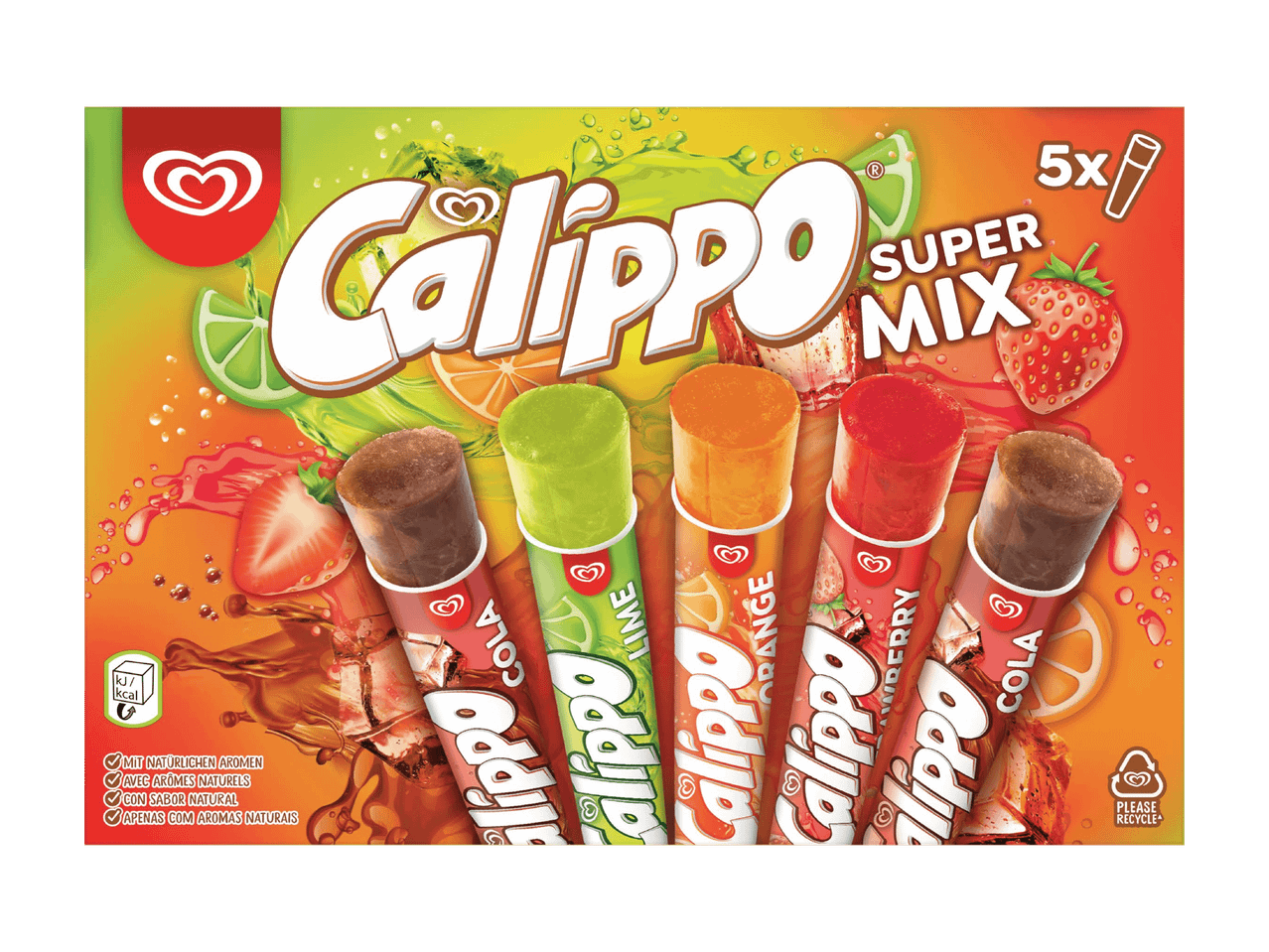 Packung mit gemischten Wassereis in den Geschmacksrichtungen Cola, Limette, Orange und Erdbeere, mit natürlichen Aromen.