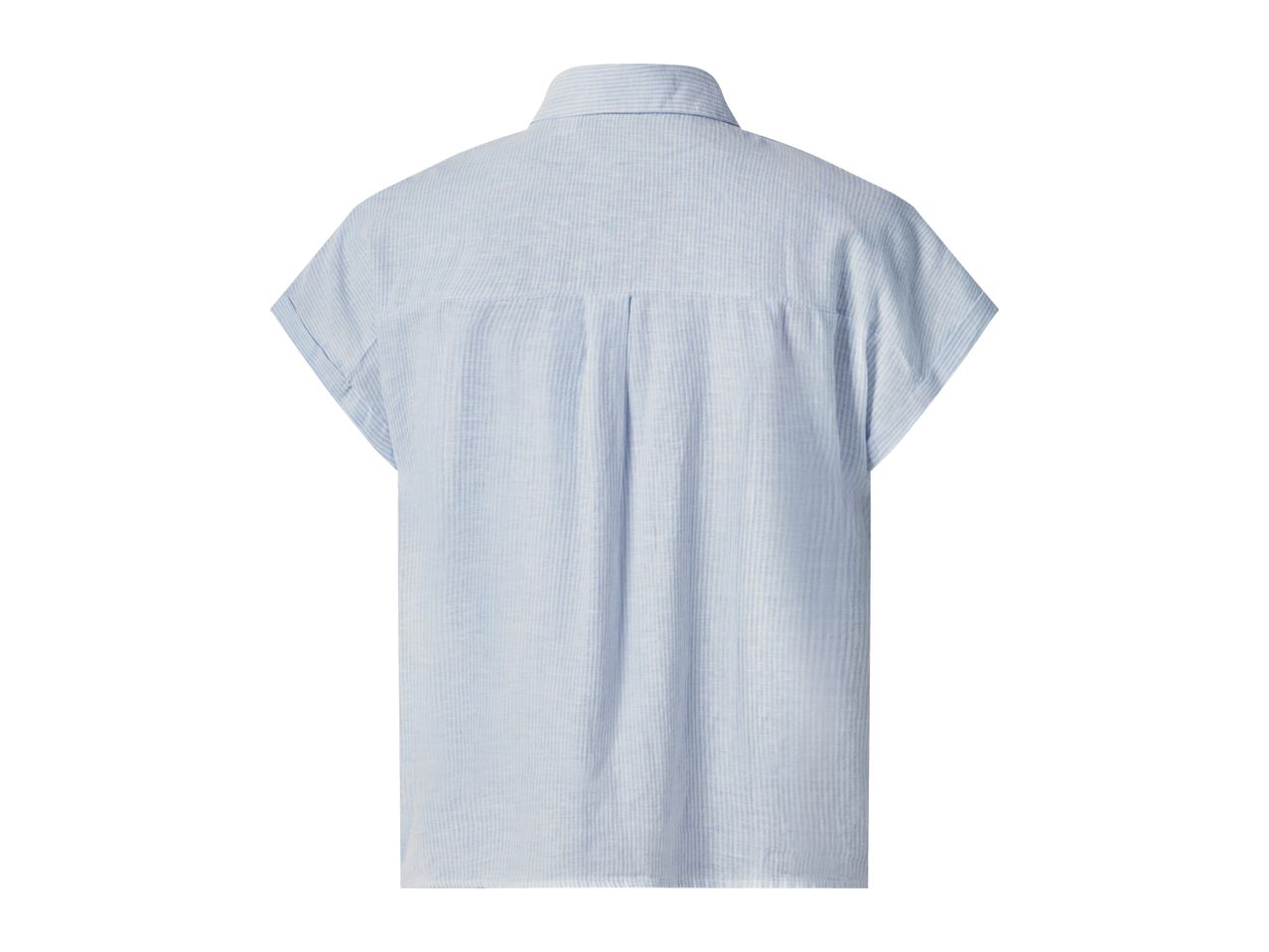 Light blue and white striped short-sleeved shirt with a collar, back view.