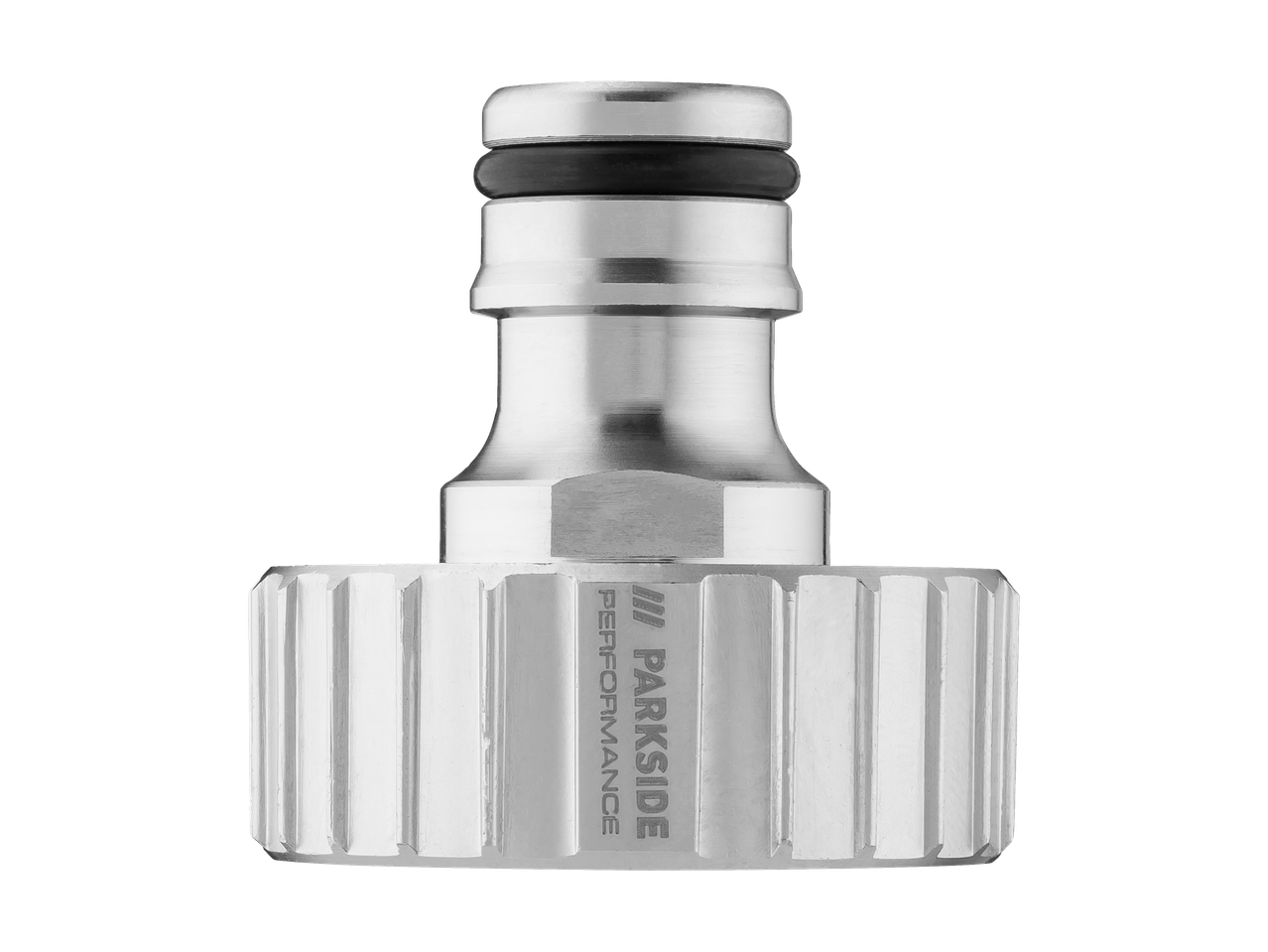 Sudraba Parkside Performance krāna adapteris ar melnu blīvgredzenu.